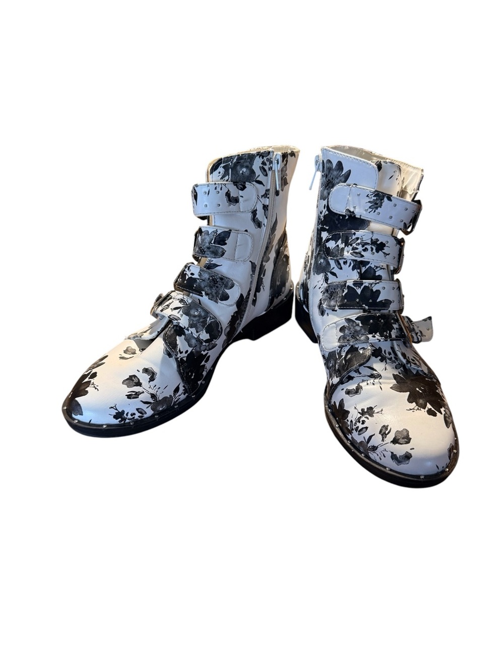 Floral Print White Ankle Boots with Buckle Straps